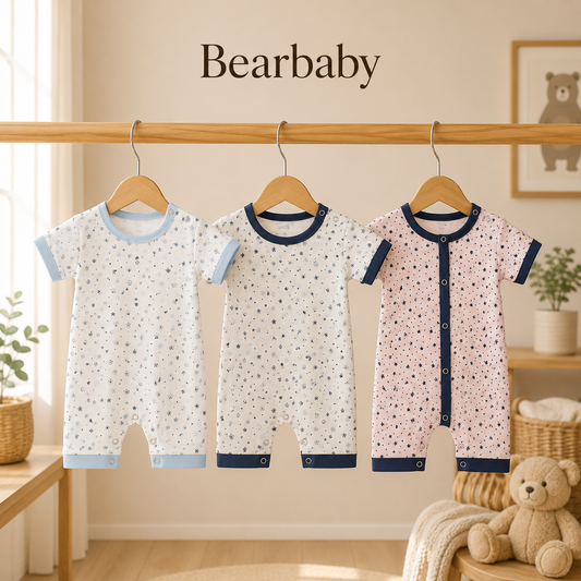 Bearbaby Organic Cotton Baby Romper Combo Pack of 3 with White and Pink Printed Rompers for Newborn Babies