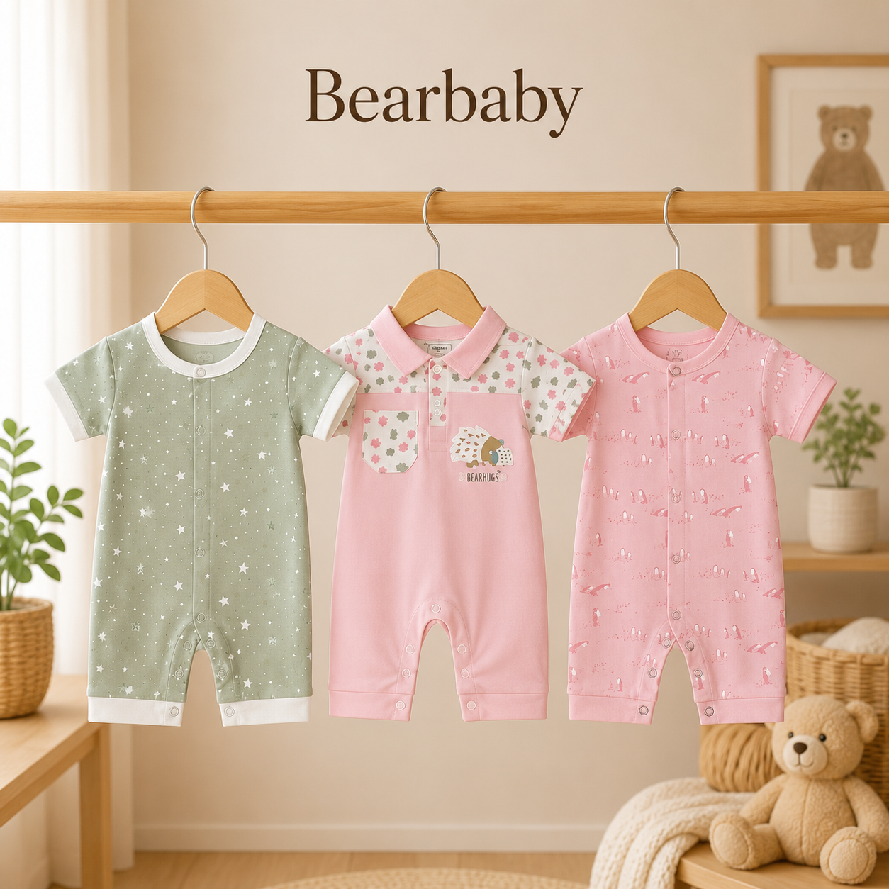 Organic Cotton Baby Onesie Combo Pack by Bearbaby with White Floral Print and Pink Star Print Rompers
