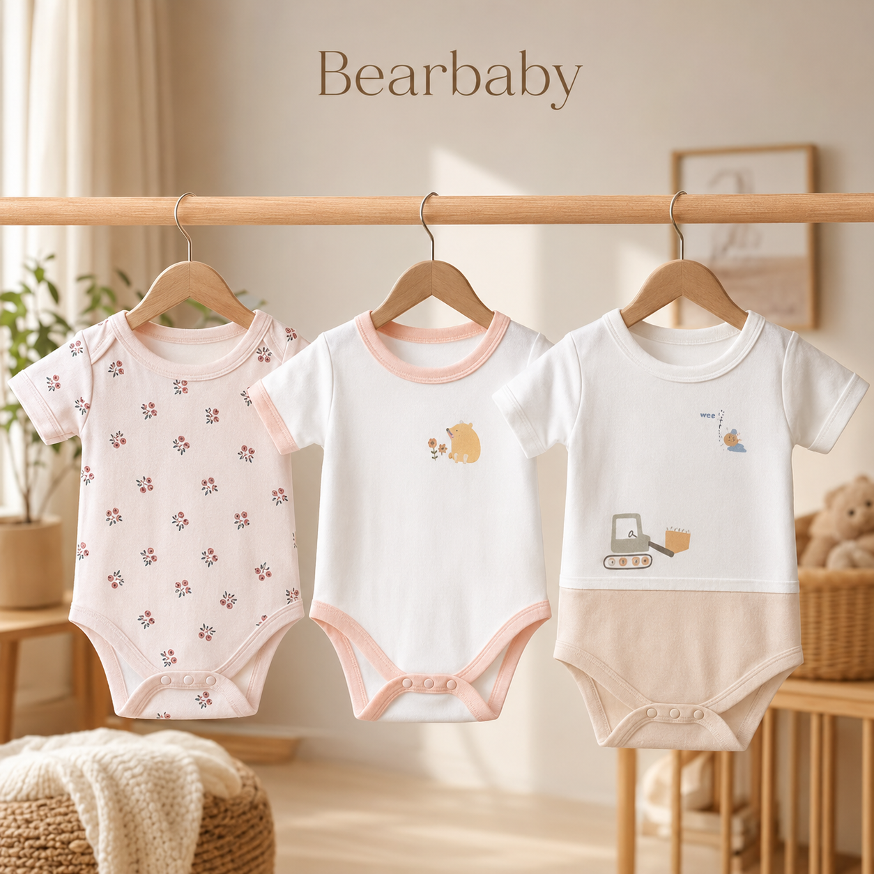 Bearbaby Organic Cotton Baby Bodysuit Combo Pack of 3 with Floral, Bear and Construction Print Onesies for Newborn Babies