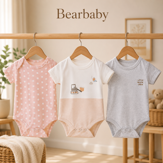 Bearbaby Newborn Baby Bodysuit Set of 3 with White and Soft Pink Organic Cotton Onesies for Everyday Wear