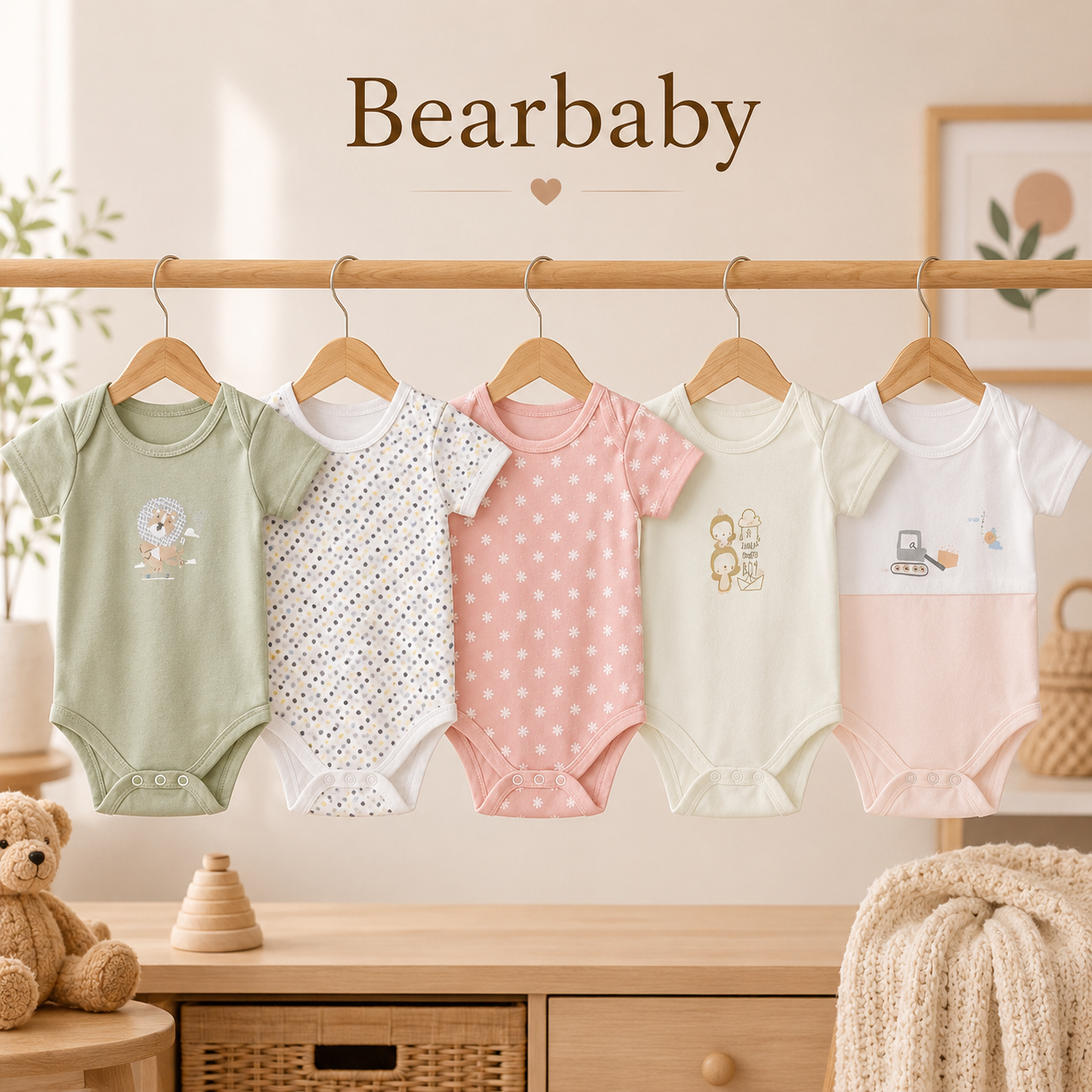 Bearbaby Organic Cotton Baby Bodysuit Combo Pack of 5 with Green, Pink and White Printed Onesies for Newborn Babies
