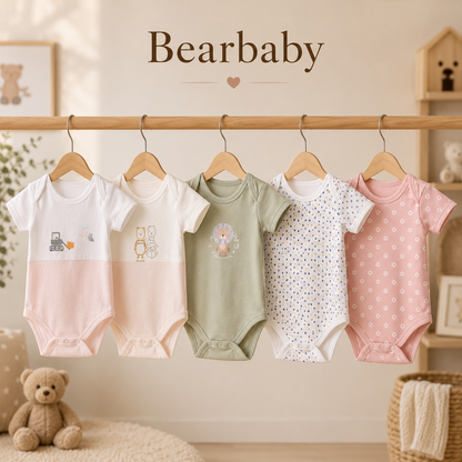Premium Organic Cotton Baby Onesie Set of 5 by Bearbaby featuring Animal, Floral, Polka Dot and Color Block Designs