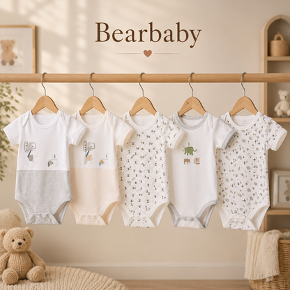 Organic Cotton Baby Romper Combo Pack by Bearbaby with Assorted Printed and Solid Short Sleeve Bodysuits