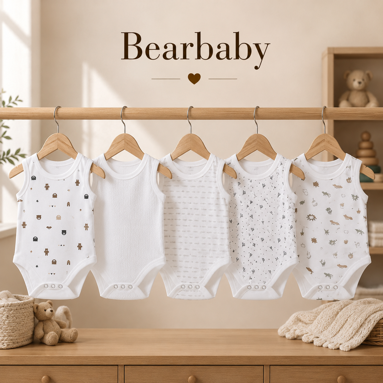 Bearbaby Organic Cotton Sleeveless Baby Bodysuit Combo Pack of 5 with Assorted Printed White Onesies for Newborn Babies