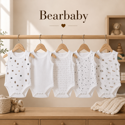 Bearbaby Organic Cotton Sleeveless Baby Bodysuit Combo Pack of 5 with Assorted Printed White Onesies for Newborn Babies
