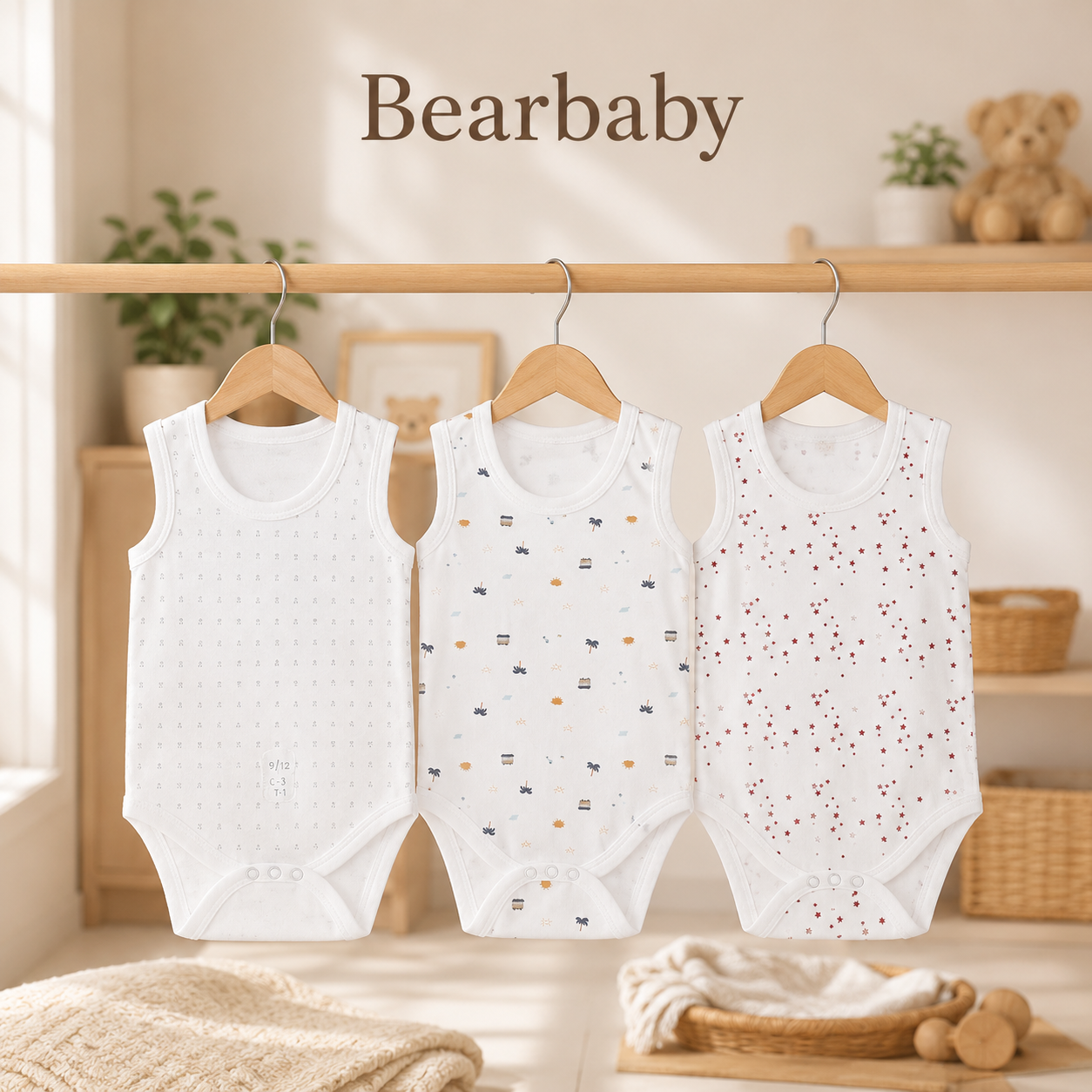 Three baby rompers hanging on a rack with 'Bearbaby' branding in a cozy room setting.