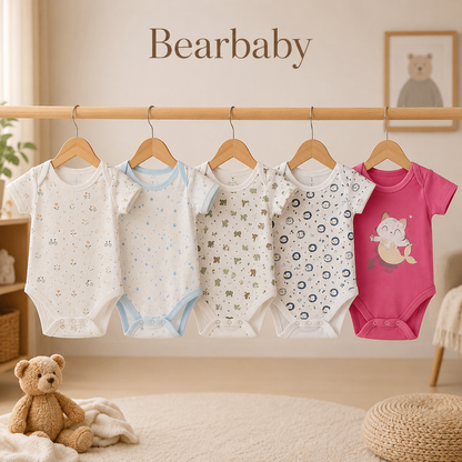 Bearbaby Organic Cotton Baby Bodysuit Combo Pack of 5 with Green, Pink and White Printed Onesies for Newborn Babies