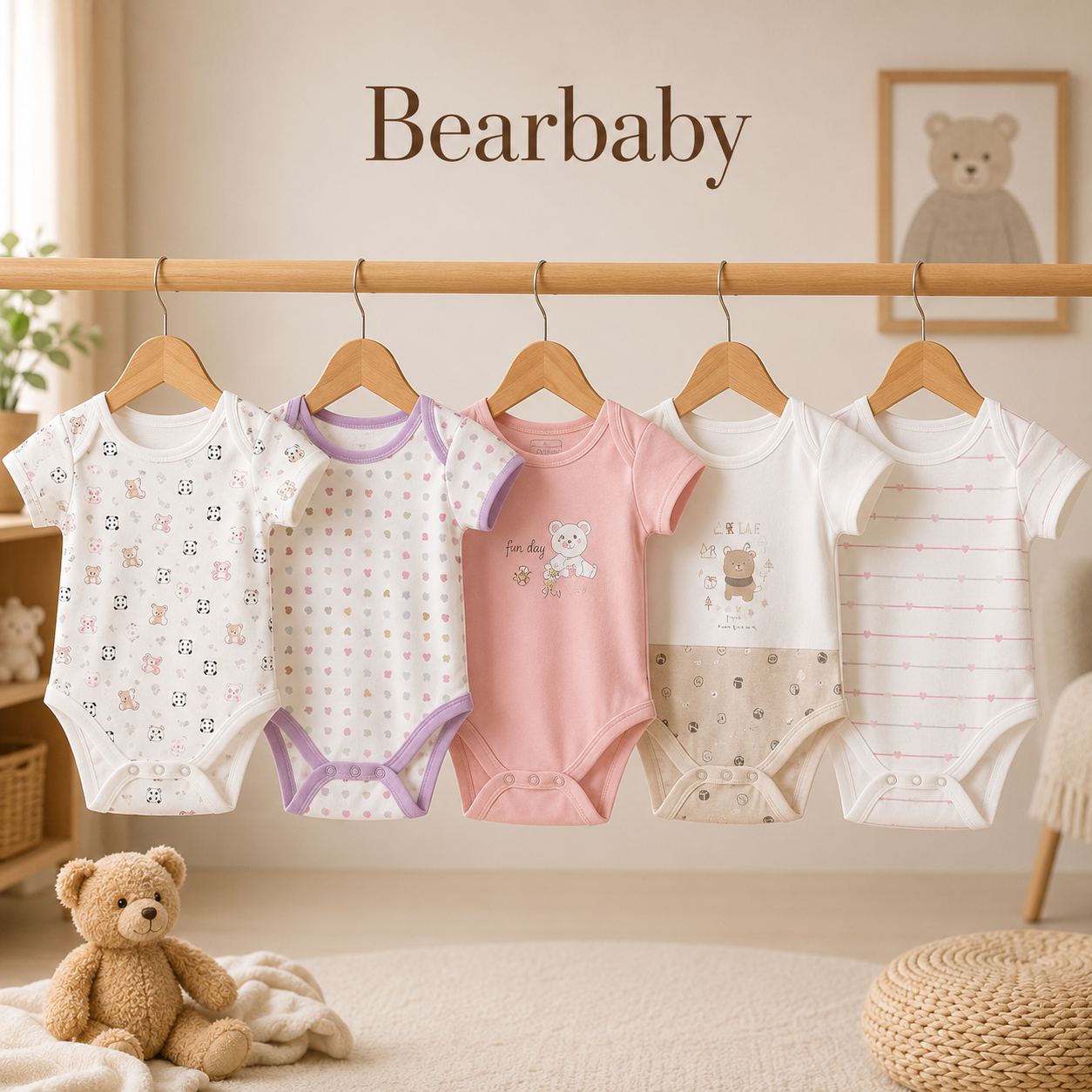 Organic Cotton Baby Bodysuit Pack of 5 by Bearbaby featuring Green Animal Print, Pink Floral and White Printed Onesies