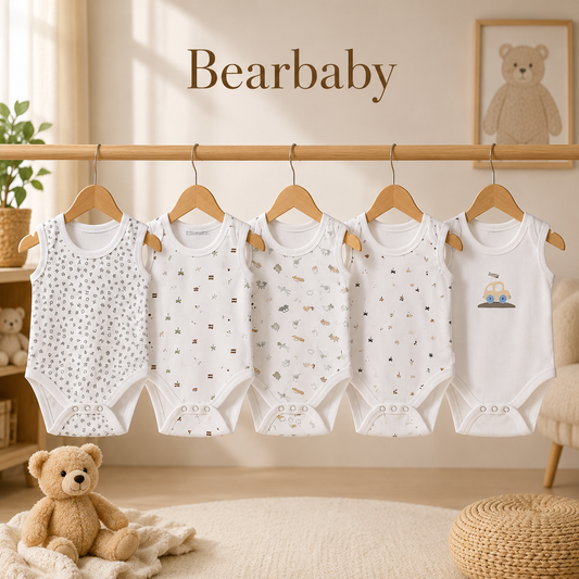 Premium Organic Cotton Sleeveless Baby Onesie Set of 5 by Bearbaby with Animal, Stripe and Minimal Print Designs