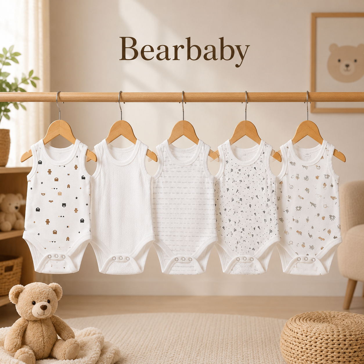 Bearbaby Soft Breathable Organic Cotton Sleeveless Baby Bodysuits Pack of 5 for Newborn Boys and Girls