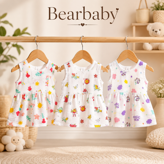 Bearbaby Pack of 3 Sleeveless Baby Girl Frocks in Soft Breathable Cotton with Floral, Cartoon and Unicorn Prints for Newborns and Infants