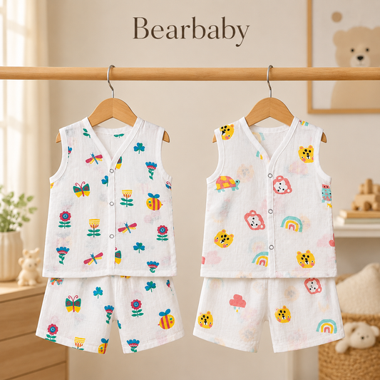 Newborn Organic Muslin Cotton Baby Jhabla and Matching Pajama Set featuring Jungle and Sea Creature Prints by Bearbaby
