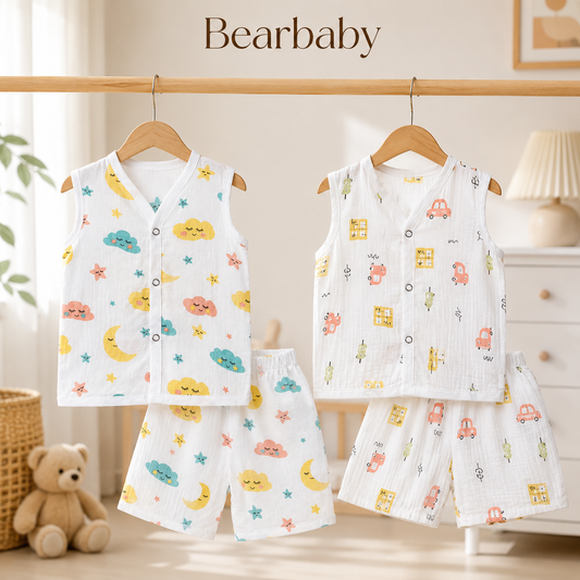 Bearbaby Soft Organic Muslin Cotton Baby Jhabla Pajama Combo Pack for Newborns with Jungle and Ocean Print Designs