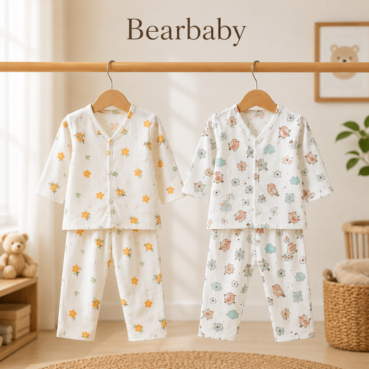Two Organic Muslin Cotton Baby Pajama Sets with Vehicle and Space Theme Prints by Bearbaby