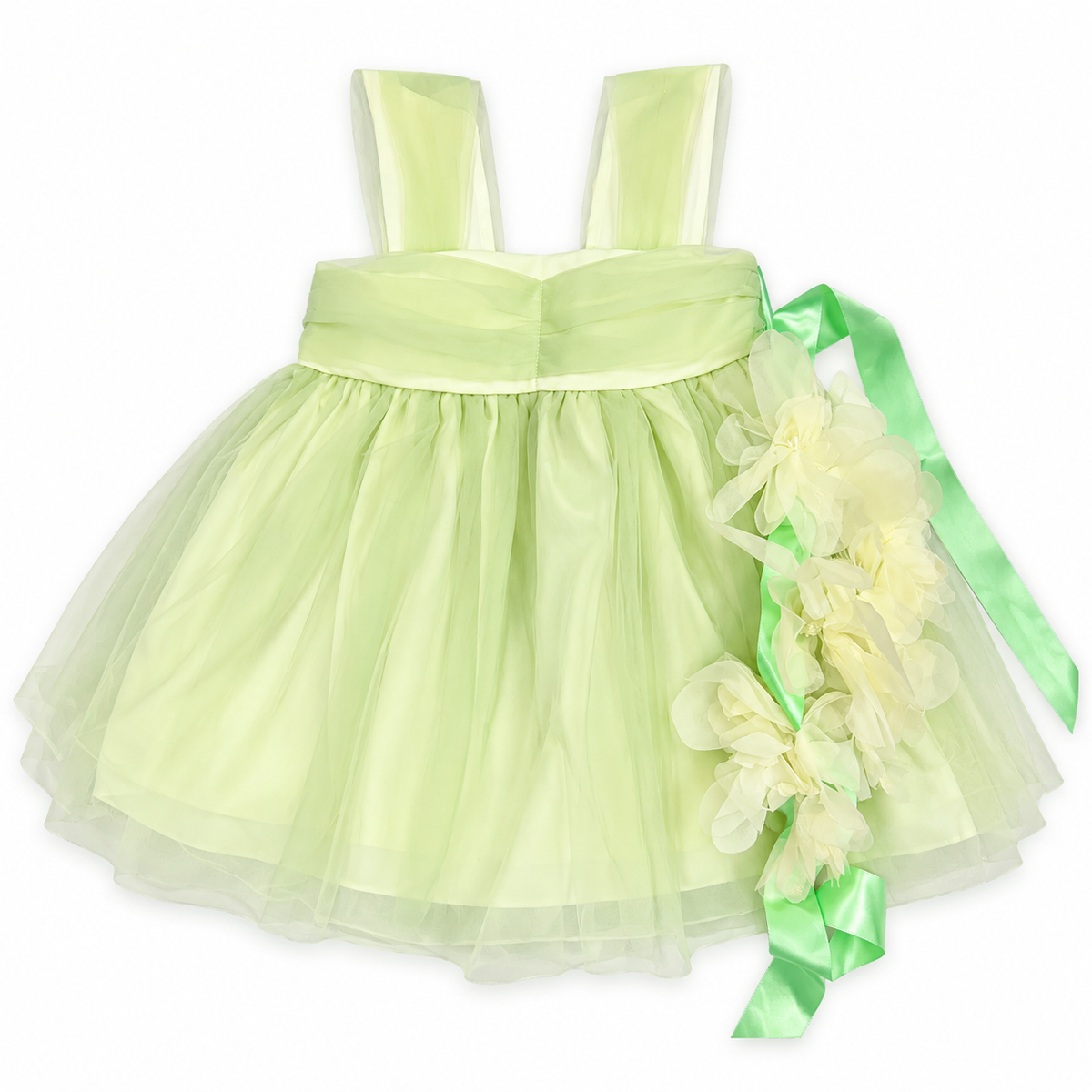 Bearbaby Girls Party Wear Tulle Dress with Floral Belt – Pink & Green