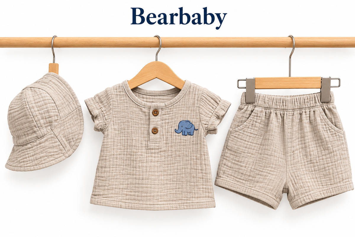 Bearbaby Beige Baby T-Shirt, Shorts & Hat Set | 3M-9M  --5