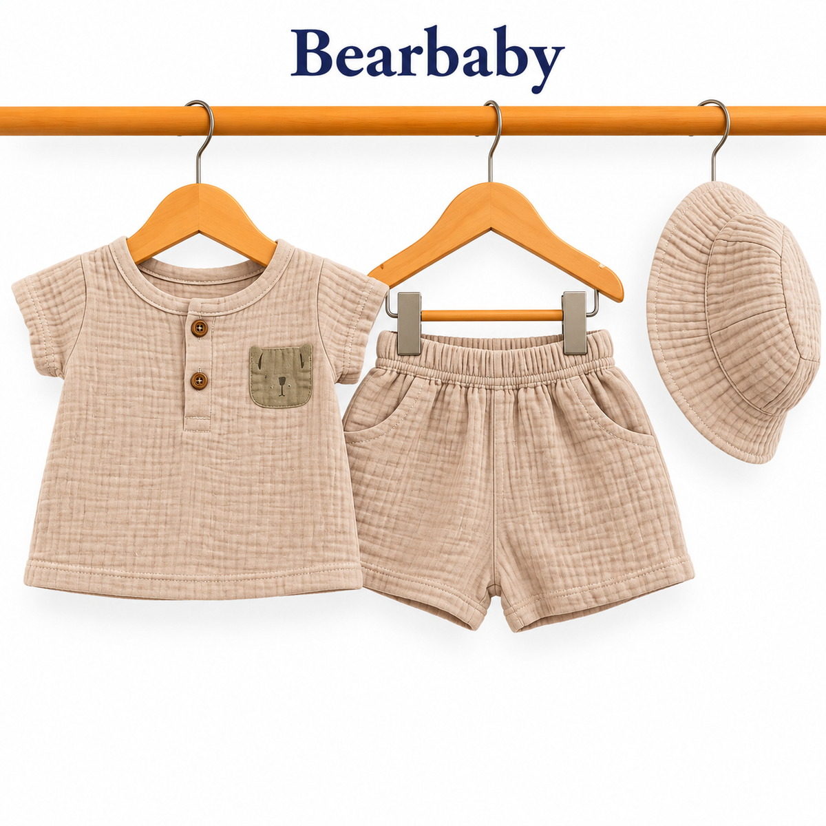 Bearbaby Beige Baby T-Shirt, Shorts & Hat Set | 3M-9M  --5