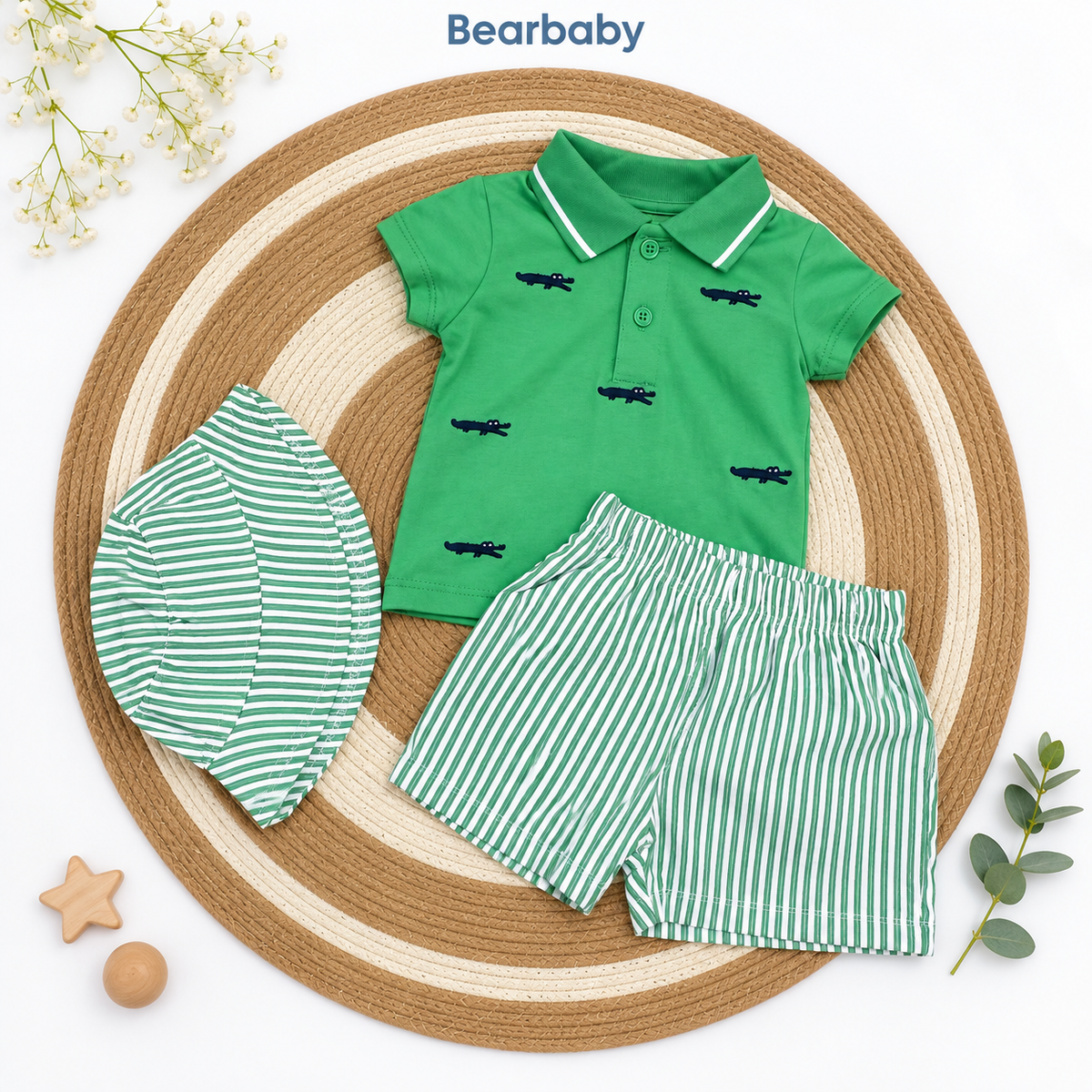 Bearbaby Green Dash Baby Polo T-Shirt, Shorts & Cap Set | 3M-24M   -3
