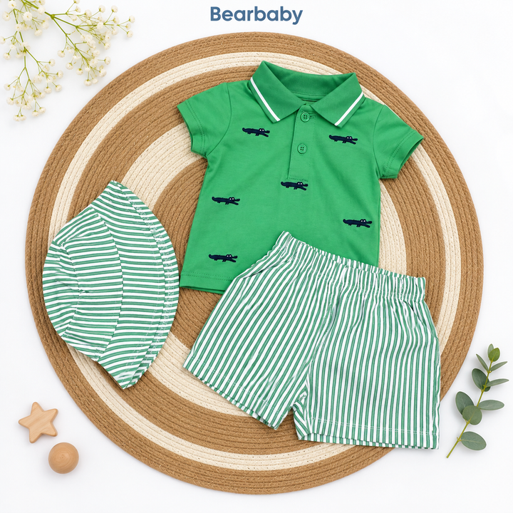 Bearbaby Green Dash Baby Polo T-Shirt, Shorts & Cap Set | 3M-24M   -3