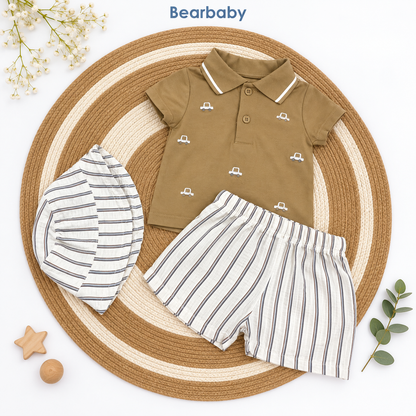 Bearbaby Green Dash Baby Polo T-Shirt, Shorts & Cap Set | 3M-24M   -3