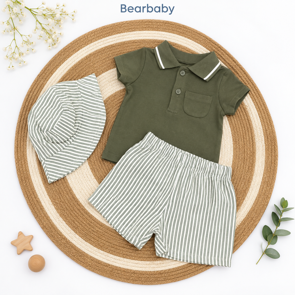 Bearbaby Green Dash Baby Polo T-Shirt, Shorts & Cap Set | 3M-24M   -3