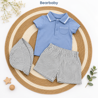 Bearbaby Green Dash Baby Polo T-Shirt, Shorts & Cap Set | 3M-24M   -3