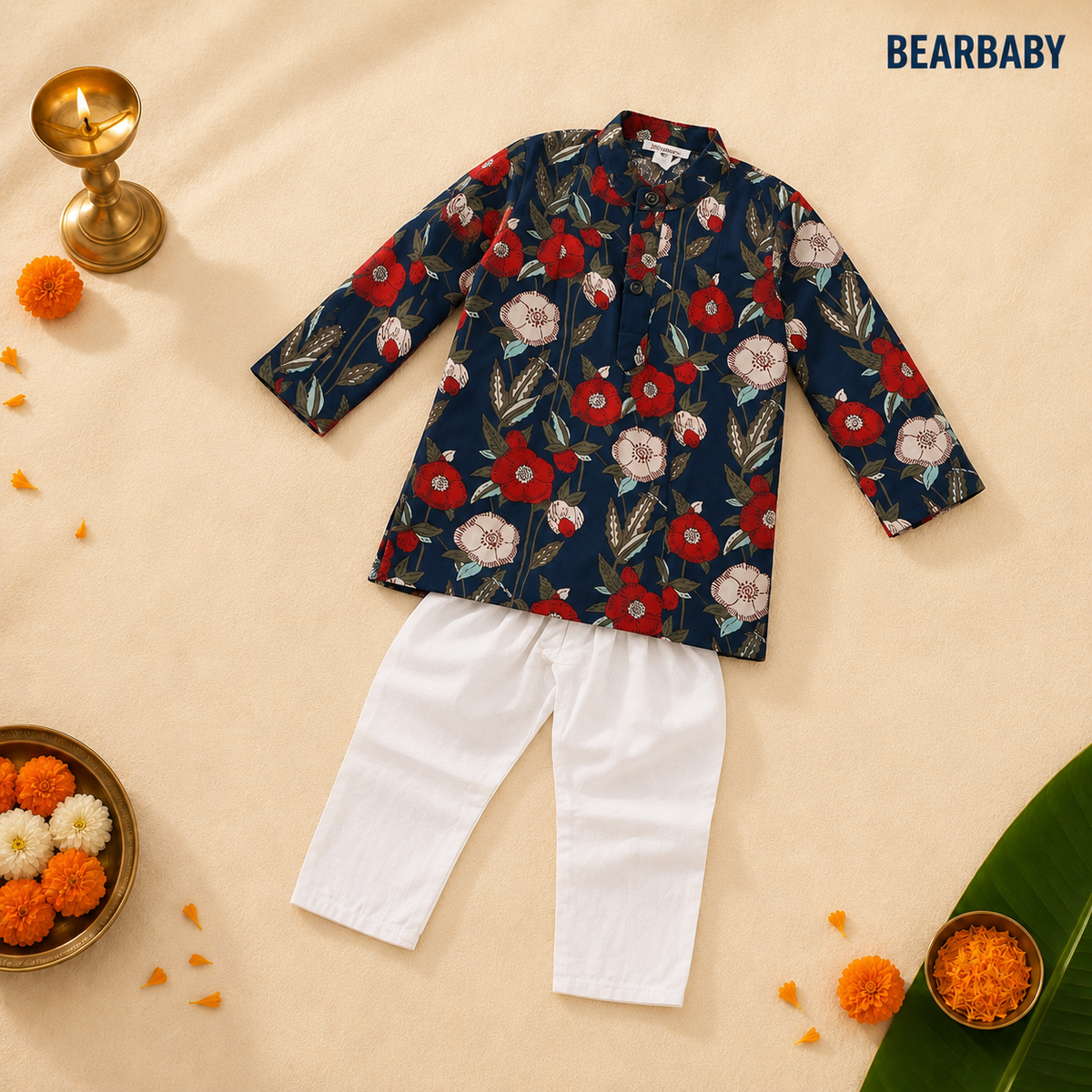 Bearbaby Sibling Ethnic Wear Set 0M–3Y | Rajwadi Neel Pushp Vatika  BUNDLE SET