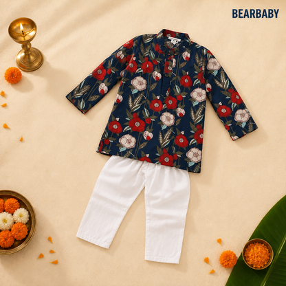 Bearbaby Sibling Ethnic Wear Set 0M–3Y | Rajwadi Neel Pushp Vatika  BUNDLE SET