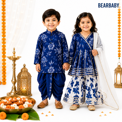 Bearbaby Sibling Ethnic Wear Set 0M–3Y | Rajwadi Neel Pushp Vatika BUNDLE SET