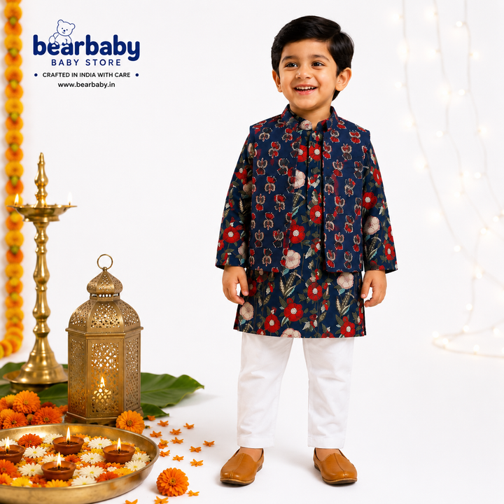 Bearbaby Premium Cotton Baby Boys Kurta Jacket Set | Neel Panna Gulzar & Rajwadi Neel Pushp Vatika | 0M–3Y