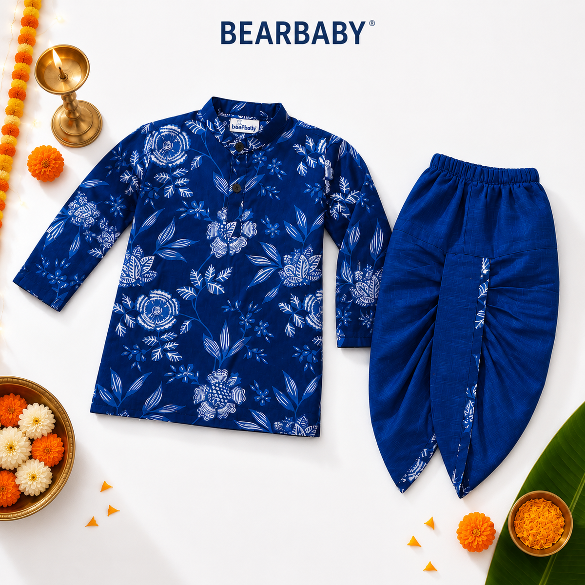 Bearbaby Baby Boys Kurta Dhoti Set 0M–3Y | Rajwadi Neel Pushp Vatika