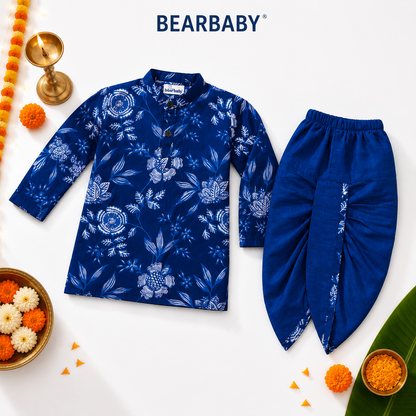 Bearbaby Baby Boys Kurta Dhoti Set 0M–3Y | Rajwadi Neel Pushp Vatika
