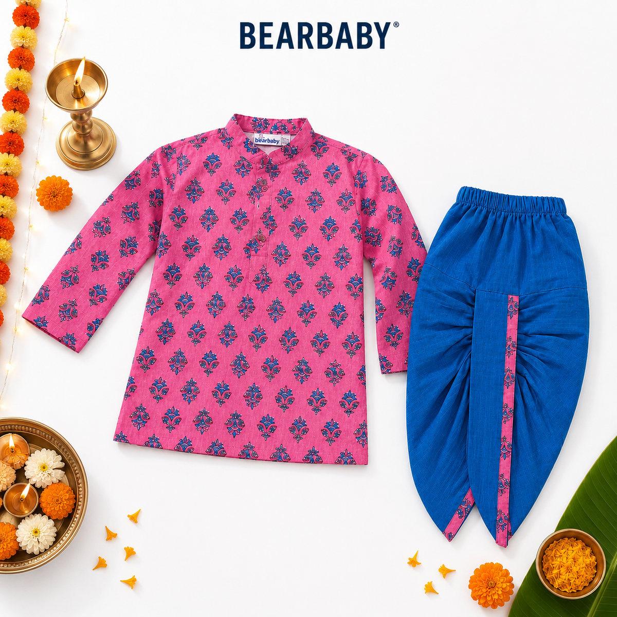 Bearbaby Baby Boys Kurta Dhoti Set 0M–3Y | Gulabi Rani Neel Pushp
