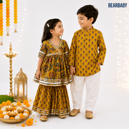 Bearbaby Sibling Ethnic Wear Set 0M–3Y | Kesar Zari Pushpangan  BUNDLE SET