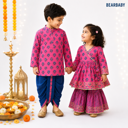 Bearbaby Sibling Ethnic Wear Set 0M–3Y | Gulabi Rani Neel Pushp  BUNDLE SET