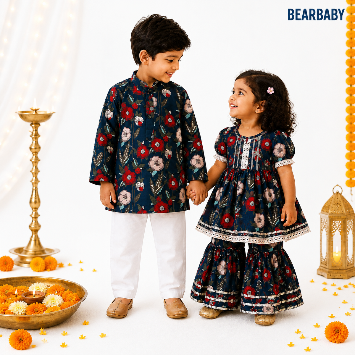 Bearbaby Sibling Ethnic Wear Set 0M–3Y | Rajwadi Neel Pushp Vatika  BUNDLE SET