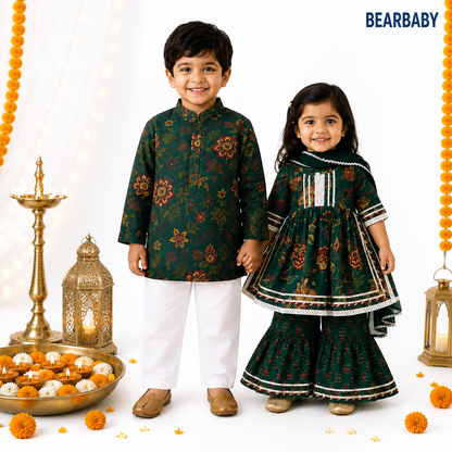 Bearbaby Sibling Ethnic Wear Set 0M–3Y | Rajwadi Neel Pushp Vatika  BUNDLE SET