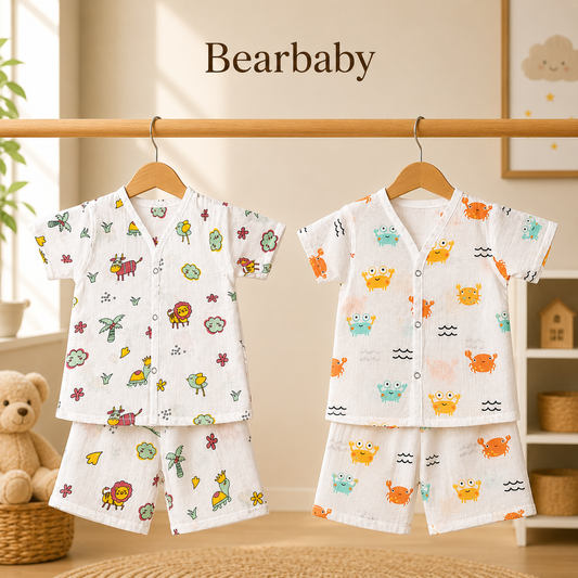 Bearbaby Organic Muslin Cotton Baby Jhabla and Pajama Combo featuring Jungle Animal and Crab Print Sets for Newborn Babies