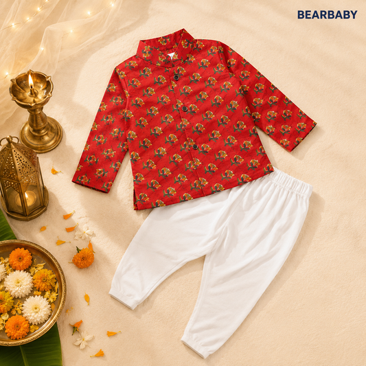 Bearbaby Premium Cotton Baby Boys Kurta Pajama Set | Sindoor Red & Kesariya Gold Lotus Buti | 0M–3Y