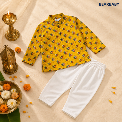 Bearbaby Premium Cotton Baby Boys Kurta Pajama Set | Sindoor Red & Kesariya Gold Lotus Buti | 0M–3Y