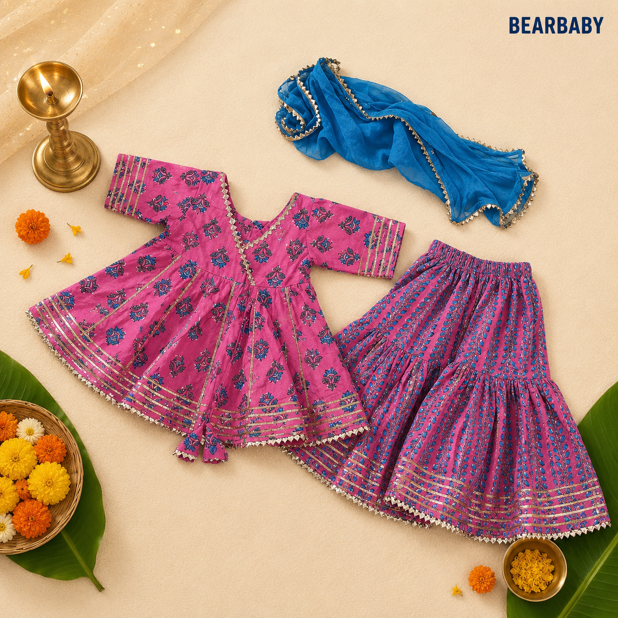 Bearbaby premium cotton baby girls sharara suit set in Gulabi Rani Neel Pushp with royal pink floral kurti, printed sharara and blue dupatta for babies 0 Months to 3 Years.