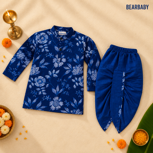 Bearbaby Baby Boys Kurta Dhoti Set 0M–3Y | Rajwadi Neel Pushp Vatika