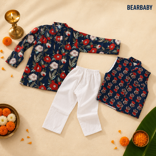 Bearbaby Neel Panna Gulzar premium cotton baby boys kurta jacket set with floral Nehru jacket and white pajama for newborn to 3 years