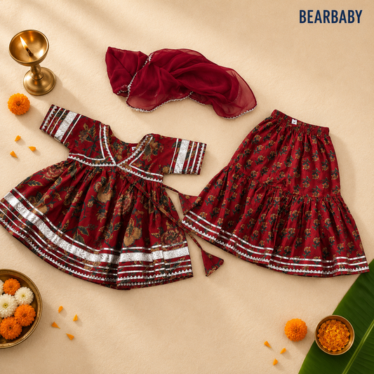 Bearbaby premium cotton baby girls festive sharara set in Sindoor Gulnaar Bageecha with deep crimson Mughal floral print and matching dupatta for babies 0 Months to 3 Years.