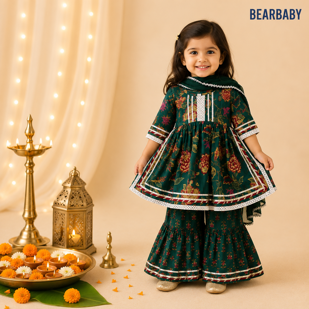 Bearbaby Neel Panna Gulzar premium cotton baby girls sharara suit set with matching dupatta for newborn to 3 years.