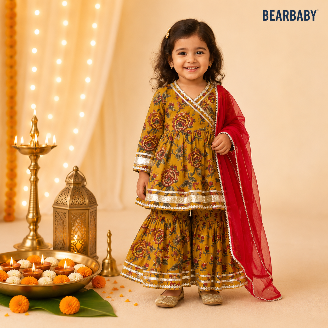 Bearbaby premium cotton baby girls festive sharara set in Kesar Zari Pushpangan with saffron mustard floral print and ruby crimson dupatta for babies 0 Months to 3 Years.