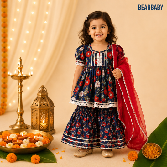Bearbaby Rajwadi Neel Pushp Vatika premium cotton baby girls floral sharara suit set with matching dupatta for newborn to 3 years.