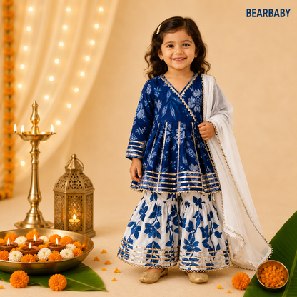 Bearbaby premium cotton baby girls sharara suit set in Rajwadi Neel Chandrika with royal indigo kurti, ivory floral sharara and white dupatta for babies 0 Months to 3 Years.