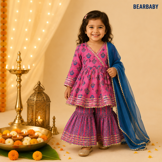 Bearbaby premium cotton baby girls sharara suit set in Gulabi Rani Neel Pushp with royal pink floral kurti, printed sharara and blue dupatta for babies 0 Months to 3 Years.