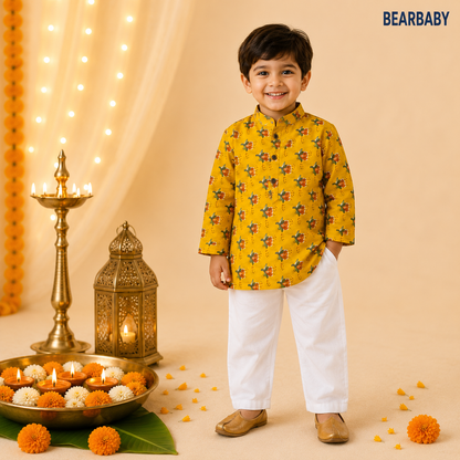 Bearbaby Premium Cotton Baby Boys Kurta Pajama Set | Sindoor Red & Kesariya Gold Lotus Buti | 0M–3Y